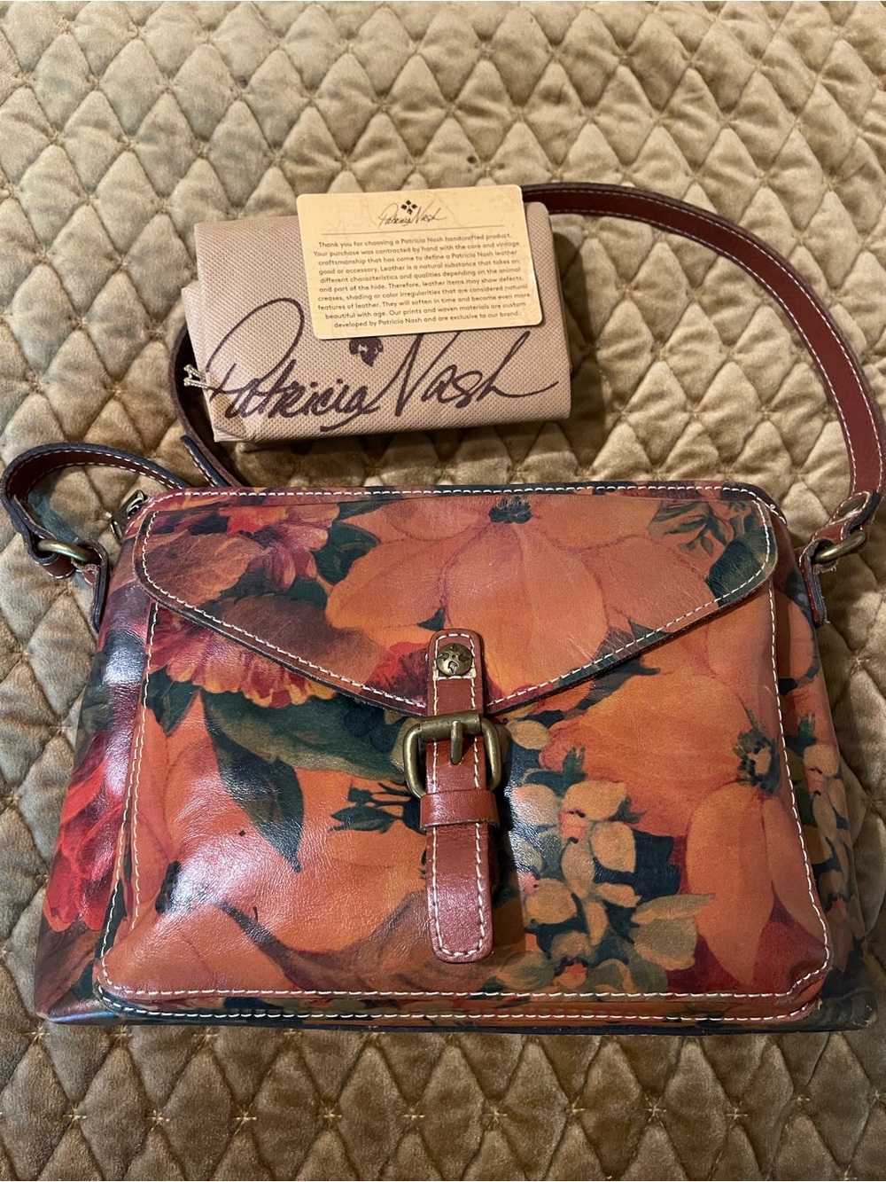 Patricia Nash Orange Floral Leather Crossbody with Buckle Detail